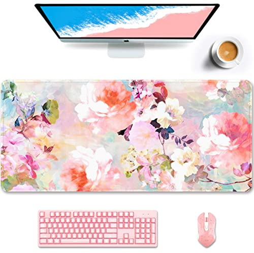 Auhoahsil Schreibtischunterlage, XXL großes Mauspad, erweitertes Gaming-Mauspad, niedliche Schreibtischunterlage für Frauen, großes Bürozubehör, 35.5x15.7 Zoll, hübsche rosa Blumen