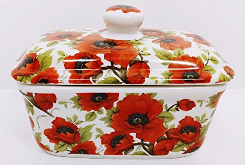 Rainbow Decors Ltd Red Poppy Butter Dish Fine Bone China Poppies Flowers Container wit Lid Hand Decorated in UK