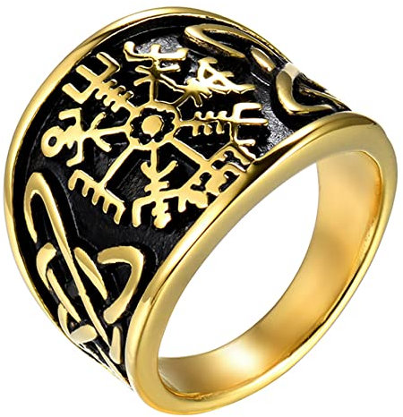 JewelryWe Schmuck Herren-Ring Edelstahl Vintage Wikinger Rune Kompass Vegvisir Ringe mit Keltischen Knoten Männer Bandringe Gravur, Gold Größe 54