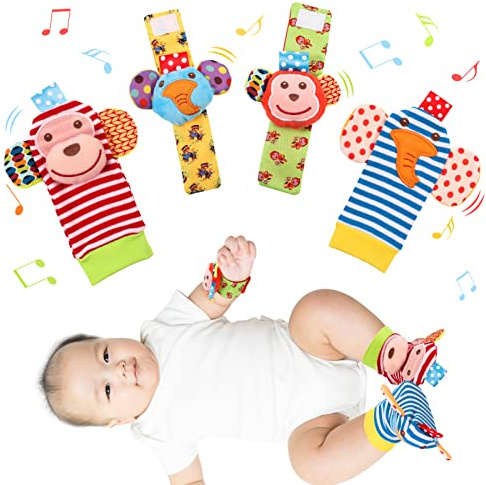 Dacitiery Baby Wrist & Foot Rattle Socks Set Newborn Sensory Toy | Soft Cotton Animal Rattles, 2 Wristbands + 2 Foot Socks, for 0-6 Months, Baby Shower & Newborn Gift