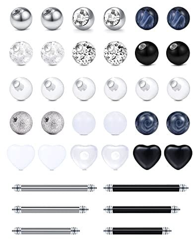 LAURITAMI 30stk Ersatz Piercing Kugeln 5mm Chirurgenstahl & Acryl 14G Zunge Industrial Bauch Ring Bälle Barbell Körperschmuck