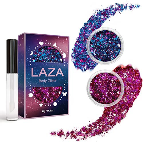 Laza Body Glitter, 2 Jars Holographic Chunky Sequins with Glitter Glue for Women Girls Eyeshadow Makeup Face Paint Festival Rave Outfits Hair Concert Accessories Carnival Party Costumes - Pink Violet