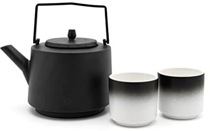 Bredemeijer 3-TLG. Asia Teekannen Set 1.2 Liter - schwarzer Teekessel aus Gusseisen mit Teefilter & 2 Porzellan Teebechern