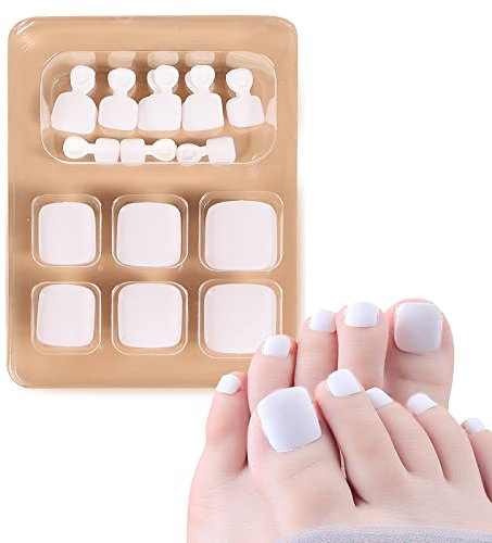 24Pcs Faux Ongle Orteil Pied Carré Court Ongle Artificiel Mat Press on Nails Manucure Couverture Complète avec Colle pour Femme Fille (Blanc)