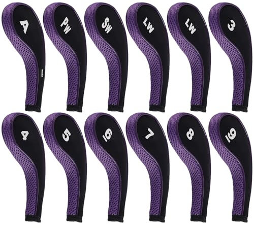 Andux Number Print Golf Iron Club Head Covers Long Neck with Zipper 12pcs/Set Black/purple
