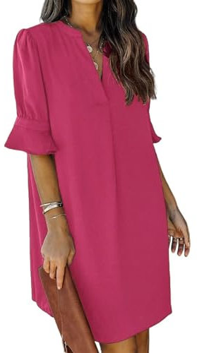 JOCAFIYE Frauen V-Ausschnitt Rüschen Hemdkleid Einfarbige Casual Sommer Kurzes Einfarbig Kleid Rose M