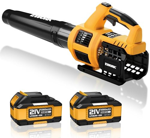 EWORK Cordless Leaf Blower 21V Electric Leaf Blower with (2) 3.0Ah Batteries and Fast Charger, Variable Speed, Turbo Mode, Battery Powered Handheld Leaf Blowers for Lawn Care and Clearance Yard Leaves