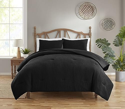 Sweet Home Collection King Black 3-teiliges Bettwäsche-Set mit Waffelmuster – luxuriöses Bettwäsche-Ensemble mit eleganter Textur und abgestimmten Kissenbezügen für ultimative Schlafzimmer-Upgrade
