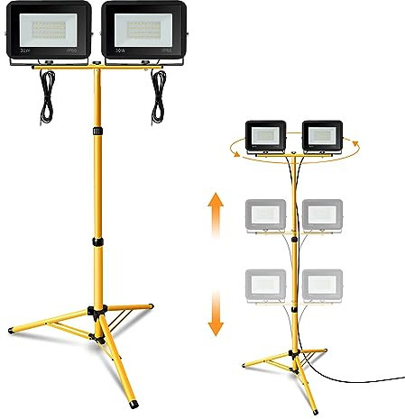 Jiubiaz LED Baustrahler mit Stativ, 2x30W 2550LM LED Strahler 6000K Kaltweiß Baustellenleuchte mit 1m Kabel, HöHenverstellbar 360 Grad Drehbar, IP66 Wasserdicht fü Innen-Außen(kein Stecker)