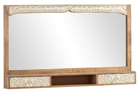 Woodkings Badspiegel Delhi I 130x75 cm I geschnitzter Holz - Rahmen I Spiegel mit Ablage und Schubkasten I Wandspiegel unbeleuchtet I Badmöbel Badezimmermöbel Massivholz