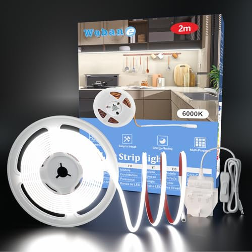 WOBANE White COB LED Strip Light,2m 12V Under Cupboard Lights,640LEDs,CRI90+,Flexible LED Tape Lights for Mirror,Kitchen,Workbench,Vanity,DIY Lighting,900lumen,6000K