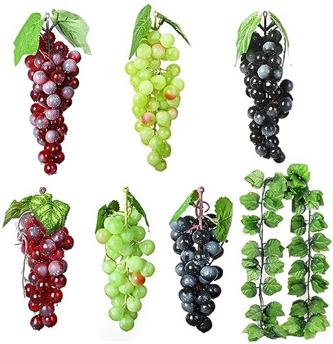Molyorch 7 Pièces Raisins Grappe Artificiels, Raisin Artificiel et Vigne, Raisins Artificiel Réalistes, Raisins en Plastique, pour Décoration Jardin Familial, Simuler Props Fruits, Salon du Vin