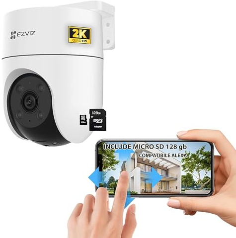 EZVIZ Cámara motorizada para exteriores 2K H8c, WiFi 2,4 GHz, con lente motorizada, protección inteligente de 360 grados, sensor PIR, visión nocturna + micro SD de 128 GB