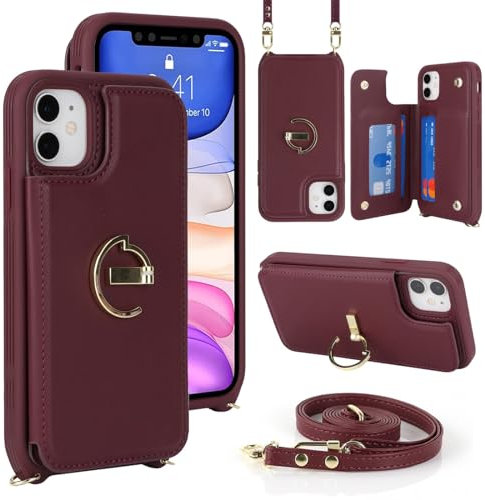 Zouzt for iPhone 11 6.1 Inch Wallet Case with Card Holder and Strap for Women, PU Leather Ring Kickstand Card Slots Case, Crossbody Lanyard Protective Phone Cover (Burgundy)