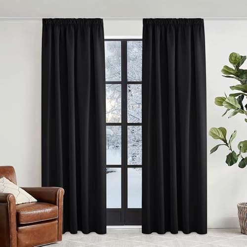 KGORGE Lichtundurchlässige Vorhänge mit Kräuselband Thermovorhang Hitzeschutz 2er Set Schwarze Gardinen Blickdicht Schlafzimmer Thermo Übergardinen Verdunklung, 240 x 140 cm(HxB)
