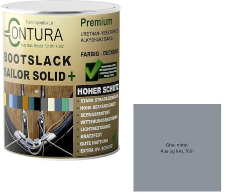 Contura Bootslack Farbig GLÄNZEND Yacht- Buntlack Metall Holz GFK Holzlack Boot Farblos (Grau Mittel - RAL 7001 Analog, 1 LIter)