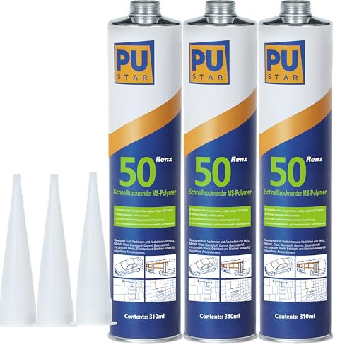 Pustar Renz50 Schnelltrocknender 1K MS Polymer Kleber extra stark Karosseriekleber Montagekleber Baukleber Unterwasserkleber Metallkleber Dichtstoff innen & außen All Materials 310ml (Weiß, 3)