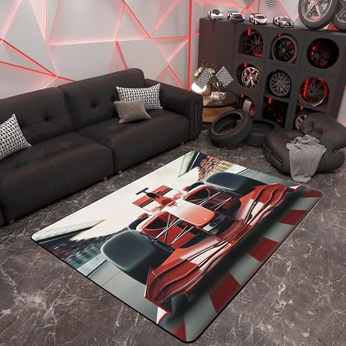 3D-Auto-Teppich mit roter Formel, 100 cm x 150 cm x 1 cm, cooler Rennwagen, rutschfester Teppich für Kinder, Rennsport, Sport, Dekor-Teppich für Wohnzimmer, Schlafzimmer, Spielzimmer, Hinterhof
