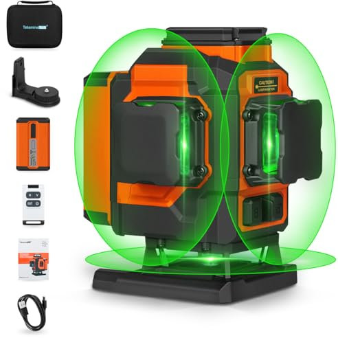 TakamineTech livella laser autolivellante 360x3, 3d livello laser verde 12 linee,adatto per costruzioni e pavimenti piastrellati,Batteria al litio da 5200mAh,telecomando e supporto rotante magnetica