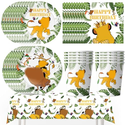 Babioms 71Pcs Vaisselle de Le Roi Lion, Lions Vaisselle Anniversaire Kit, Assiettes, Gobelets, Serviettes, Nappes, Lion Thème Party Supplies pour Fête d'Anniversaire, 10 Invités