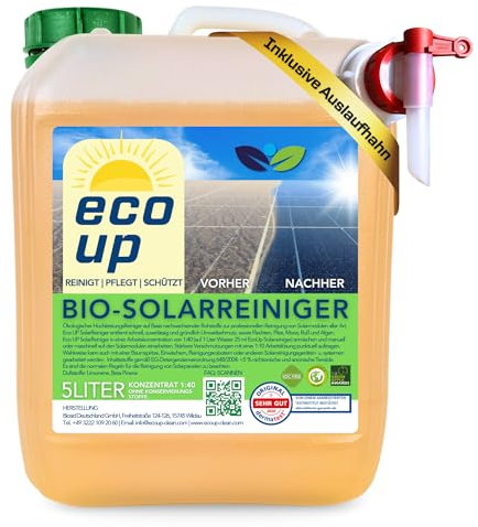 ecoUp Bio-Solarreiniger, 5 Liter, Konzentrat 1:40 verdünnbar, Photovoltaik, Balkonkraftwerk, Solarmodul Reiniger, biologisch abbaubar, materialschonend, ergiebig, langlebig, inkl. Auslaufhahn