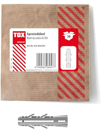 TOX Tasselli ad espansione Barracuda 6x30 mm, tasselli per mattoni pieni e calcestruzzo, valori di tenuta molto elevati, facile installazione, 10 pezzi in confezione di carta richiudibile, 013600041