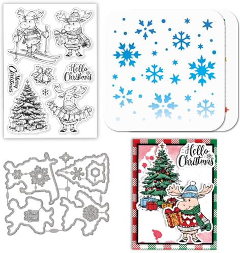 GLOBLELAND Weihnachts Rentier Stamps Stanzschablone für die Kartenherstellung Weihnachtsbaum Glockenrahmen Stempel Stanzschablone Schneeflocken PET Malschablonen Für DIY Scrapbooking