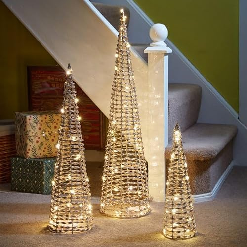 Three Kings 80cm Glittertwist Set Of 3 Gold Light Up Cone Christmas Trees (2532075)