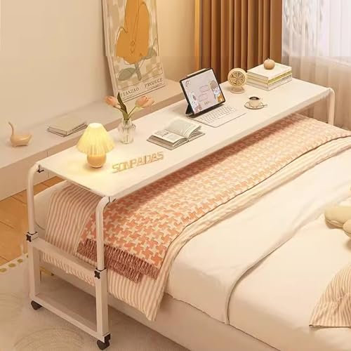Verstellbarer Betttisch mit Rollen für Bett, Rolltisch, über Bett, King-Laptop-Tisch für Zuhause, Büro, Weiß, 140 cm