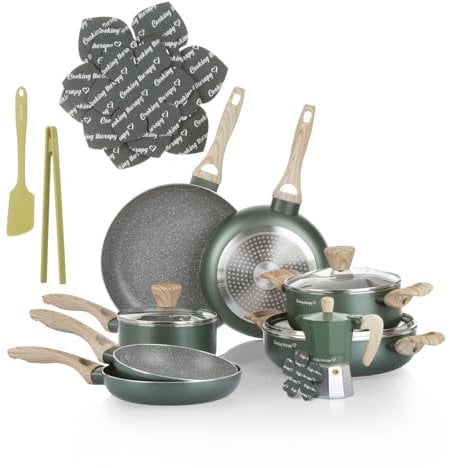 KASANOVA Kochgeschirr-Set Cooking Therapy – Induktionsgeeignetes Topf- und Pfannenset mit Pfannenwender, Komplettes Küchenset mit Lasergravur und Griffen in Holzoptik (16)