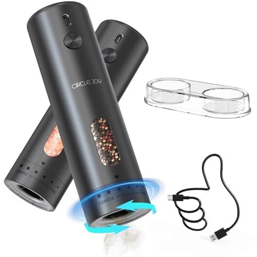 CIRCLE JOY Rechargeable Electric Salt and Pepper Grinder Set with Base, Automatic Pepper Mills with 110ml Container, External Adjustable Coarseness, White Led Light and One-Handed Operation, Black
