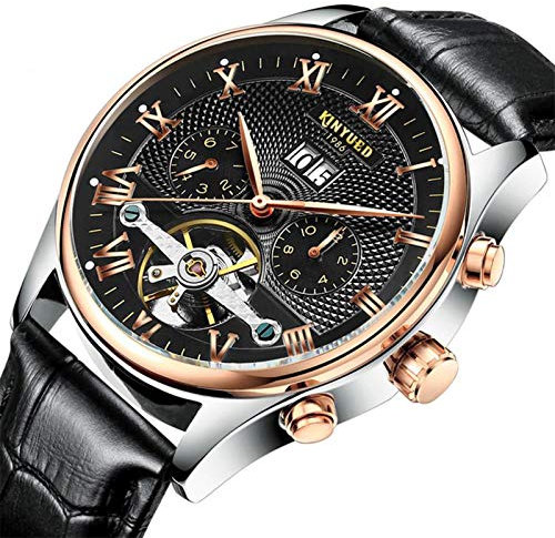 HFWXYSA Automatische Lederuhren für Herren, luxuriös, Tourbillon, selbstaufziehend, klassischer Kalender, leuchtende, wasserdichte Uhren für Herren, schwarz