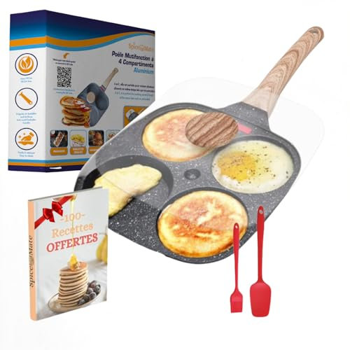 Spicemate Poêle à 4 Emplacements avec Couvercle, Antiadhésive en Alu sans PFOA pour Pancakes, Oeufs Au Plat, Hamburgers, Blinis, Pour Petit-déjeuner et Brunch, Compatible Gaz et Induction - Noir
