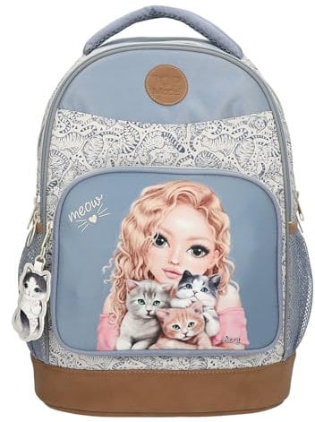 Depesche 13276 TOPModel - Schulrucksack in Hellblau und Creme, mit Model Motiv und Katzen Muster, Schultasche mit verstellbaren Trägern