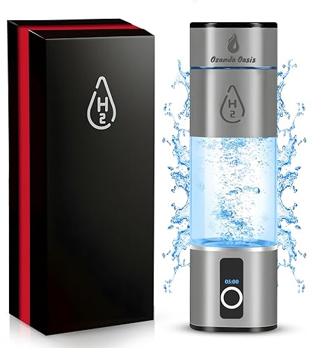 Ozanda Oasis Hydrogen Water Bottle – 8000 PPB | Dupont PEM Membrane | Platinum Electrodes | LCD Touchscreen | 2200mAh | 280ml | Portable Rechargeable SPE/PEM H2 Generator for Home, Travel & Gym