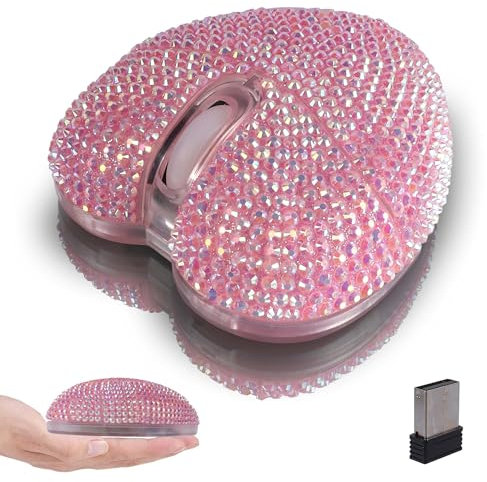 Souris Optique Sans Fil Bluetooth,Mignonne et Portable,en Forme de Cœur Rose Diamant,Légère et Silencieuse,Double Mode,Idéale pour Ordinateurs Portables,Tablettes,Enfants,Filles,Adultes,Cadeaux(Rose)
