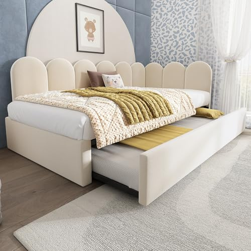 Merax Polsterbett Schlafsofa 90x200cm, Tagesbett Daybett mit Ausziehbett 90x190cm, Kinderbett mit Gitter-Design, Einzelbett mit Metall-Lattenrost, Gästebett Jugendbett, Samtstoff, Ohne Matratze, Beige