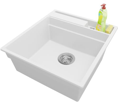 PRIMAGRAN Fregadero Cocina Blanco 48x53cm, Granito 1 Seno + Sifón, Sobre encimera al mueble 50cm - Oslo Pocket S076