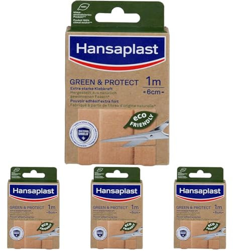 Hansaplast Green & Protect Pflaster (1 m x 6 cm), umweltfreundliches Wundpflaster aus natürlich gewonnenen Fasern, zuschneidbare Meterware mit extra starker Klebkraft (Packung mit 4)