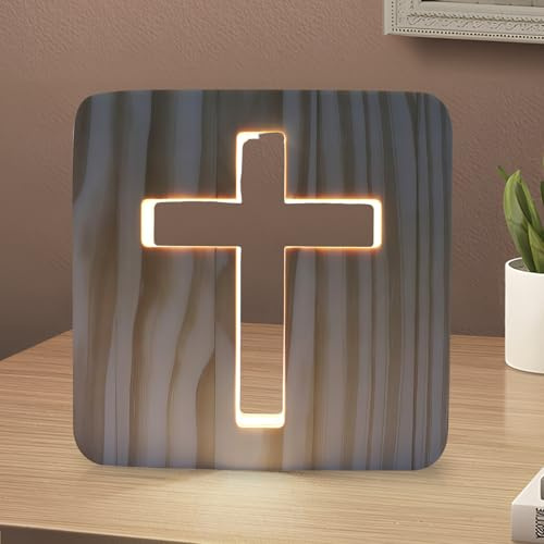 GOEDCH Jesus Kreuz Nachtlicht: 3D Holzschnitzerei LED Nachtleuchte, Warmes Licht Kleine Tischlampe für Zimmer, 3D Jesus Kreuz Religiöses Mini Nachtlicht, Ostergeschenke, Beleuchtetes Dekorationen
