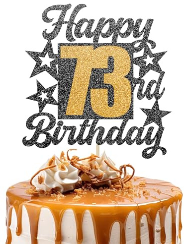 Happy 73rd Birthday Cake Topper - Cheers to 73 Years Black Gold Glitter - 73 & Fabulous Cake Decoration - Kids Birthday Cake Topper for Girls or Boys - Party Supplies