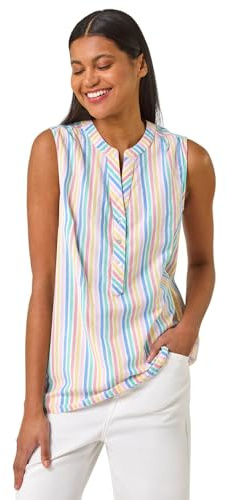 Roman Originals Sleeveless Shirt for Women UK Ladies Vest Tank Top Summer Smart Blouse Stretchy Jersey T-Shirt Casual Spring Holiday Party Beach Vacation Notch Neck - Stripe Ivory - Size 14
