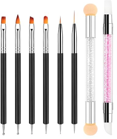 Mulapucher 8 Stück Doppel-Ende Nagel Pinsel, Nageldesign Pinsel, 1 pcs Sponge Brush Applikator, 1 pcs Gel Nailart Pen, Doppel-Ende Nail Art Pinsel Kit Professionelle Maniküre Werkzeuge Kit