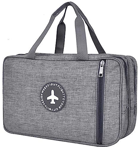 Trousse de Toilette Grand Homme Femme Gris, Trousse de Toilette Voyage 33 * 16 * 20cm, Organisateurs de Toilettes en Toile avec Compartiments Humides et Secs pour Articles de Toilette, Imperméable