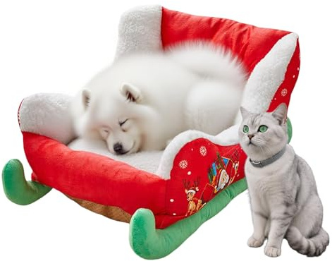 Nudorpn Weihnachts Schlitten Haustierbett, Weiches Plüsch Katzenbett Hundebett im Weihnachtsstil, Bequemes Katzensofa Hundesofa für Hunde Katzen Welpen Kätzchen Winter und Weihnachten Deko