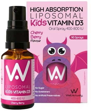 WELL ACTUALLY Kids Liposomal Vitamin D3 Spray 400 IU, 15ml, 90 Sprays | Vegan Vit D Spray for Children, Immune System, Bones & Teeth Support, High Bioavailability Supplement, Cherry Berry Flavour