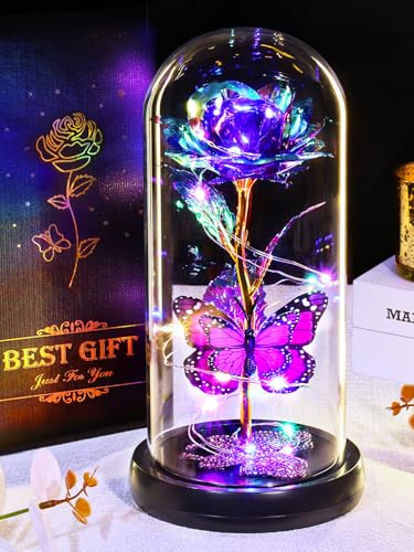 Galaxy Rose Birthday Gifts for Women Colorful Eternal Rose, Purple LED | Birthday Gifts Light Up Rose in Glass Dome with LED for Her Mum Wife, Sparkling Rhinestone Butterfly on Christmas