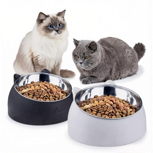ASOUUNLD 2 Piezas Cuencos para Gatos de Acero Inoxidable, Cuencos para Comida y Agua para Gatos Base Antideslizante 400ML Elevado Inclinado 15°Comederos para Cachorros y Animales Pequeños