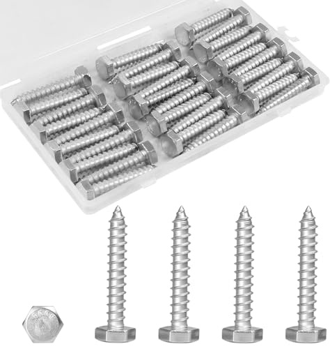 Yinpecly 30 Pcs 1/4 x 1-1/2 Hex Head Lag Screws, 304 Stainless Steel Lag Bolts Hexagon Head Wood Screws Heavy Duty Large Screws for TV Mounts, Deck, Boat Repair