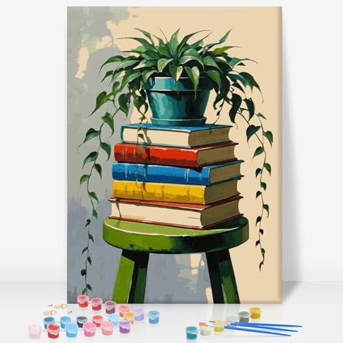 GEEHEIY Malen nach Zahlen Erwachsene Bücher & pflanze 20 x 30 cm mit Rahmen | DIY Acryl Malset für Anfänger, Leseecke Wanddeko, Entspannung, Wohnaccessoires, Geschenkidee für Bücherliebhaber